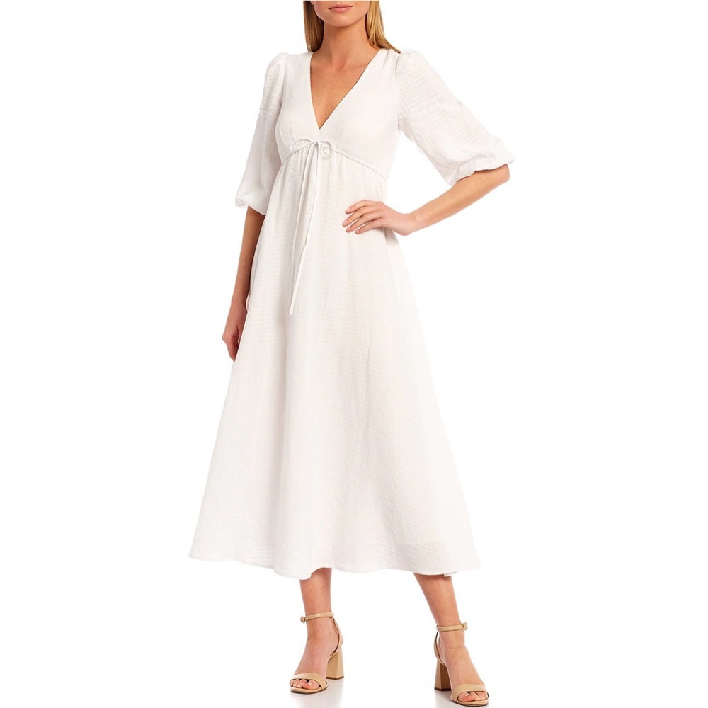 Soleil Gingham Tie V-Neck Short Elbow Puff Sleeve Midi Dress